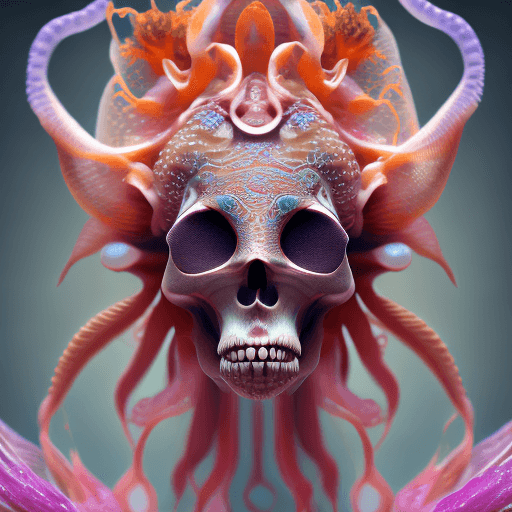 AI generated: Goddess close-up portrait ribcagel. jellyfish phoenix head, nautilus, orchid, skull, betta fish, bio...