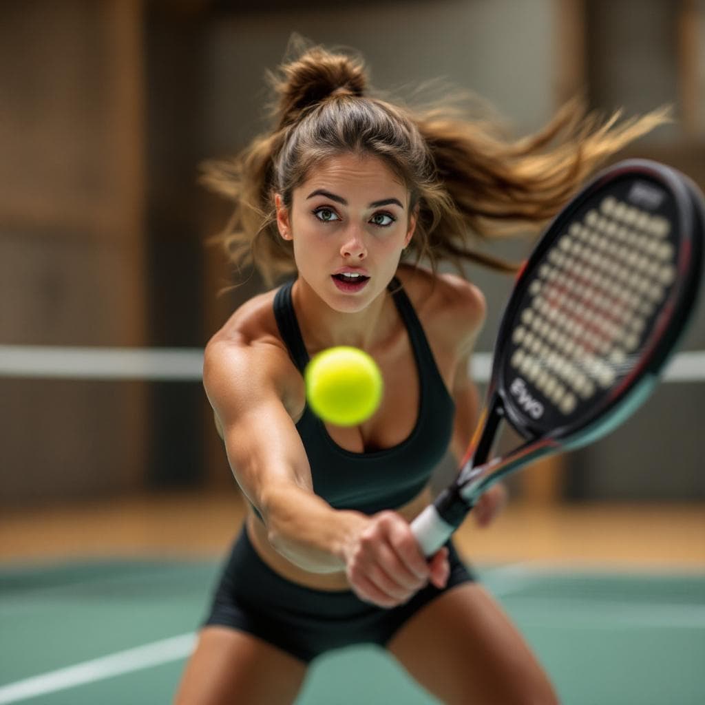 AI generated: A beautiful woman playing padel ball in an indoor padel court, she has a Head Evo padel racket in ha...