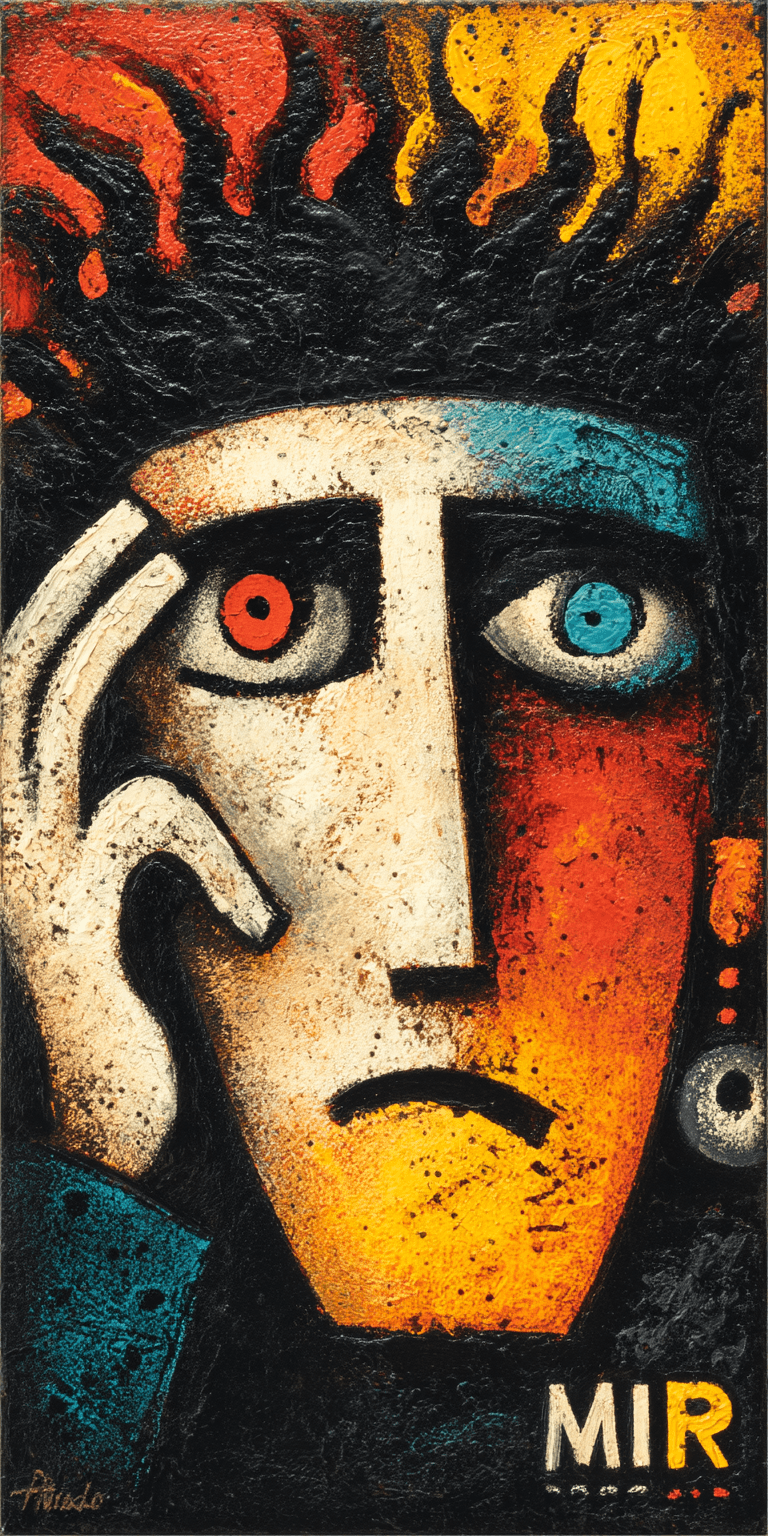 AI generated: A painting in the style of Joan Miro depicting a cartoon figure with blue eyes, orange skin, black h...