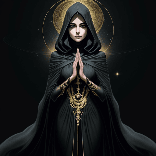 AI generated: Imagine a female figure wrapped in a black cloak that floats like the shadows of the night. Her pres...