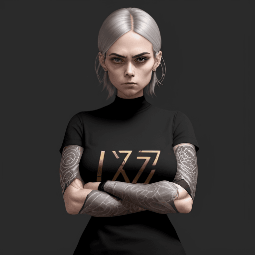 AI generated: a woman in black shirt with her arms folded against , in the style of tattoo, normcore, dark silver ...