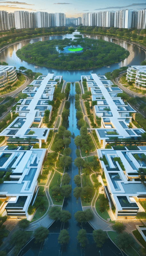 AI generated: a magnificent modern ecotourism village with many different and singular residential buildings desig...
