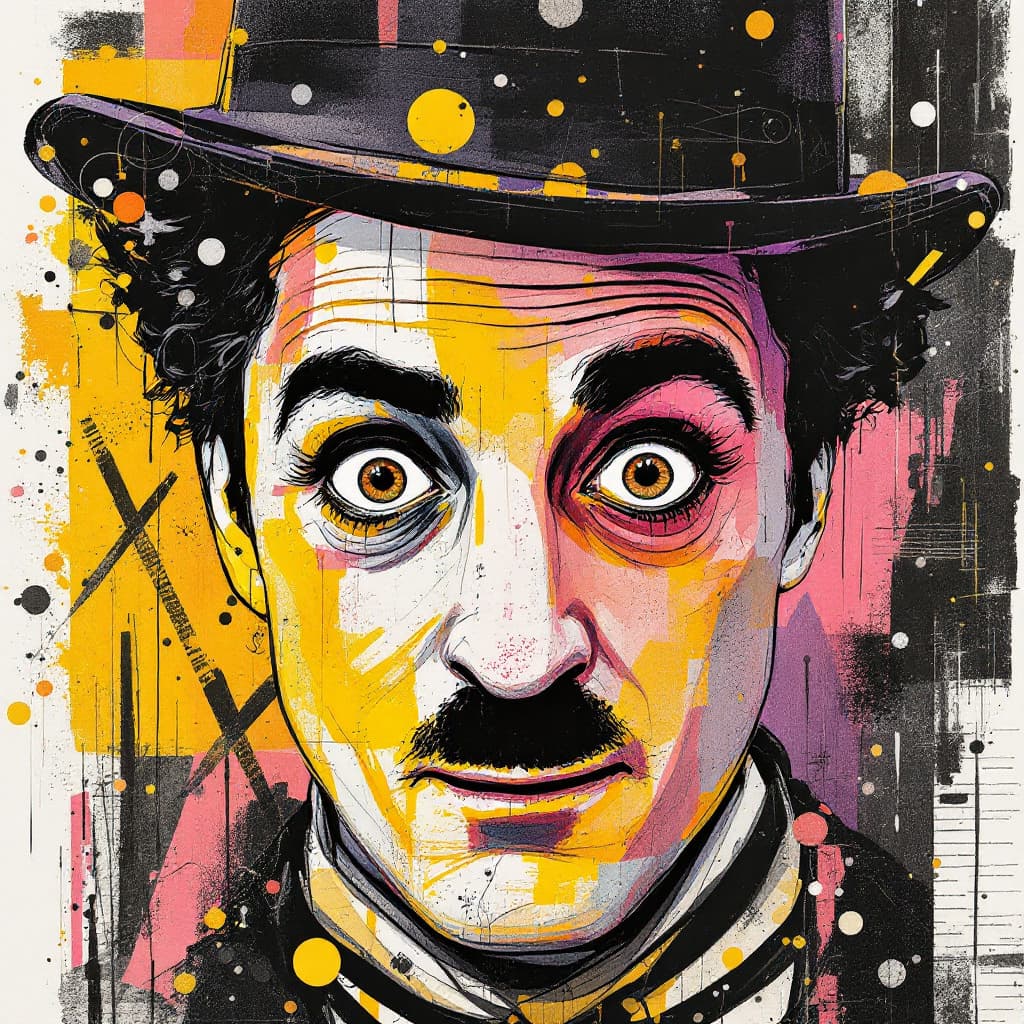 AI generated: A mixed media collage featuring Charlie Chaplin figure with expressive eyes, adorned in vibrant patt...