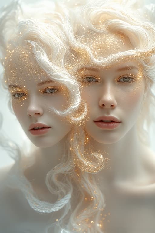 AI generated: Two ethereal women intertwined with pale skin and striking, similar features, positioned closely tog...