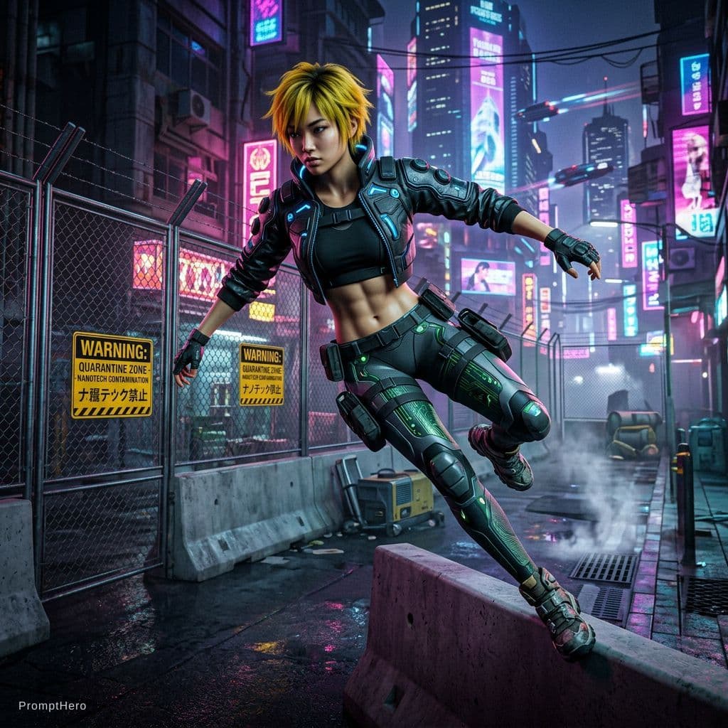 AI generated: cyberpunk game style a photo of a slim, small breast, flat chest, abs, young asian female supermodel...