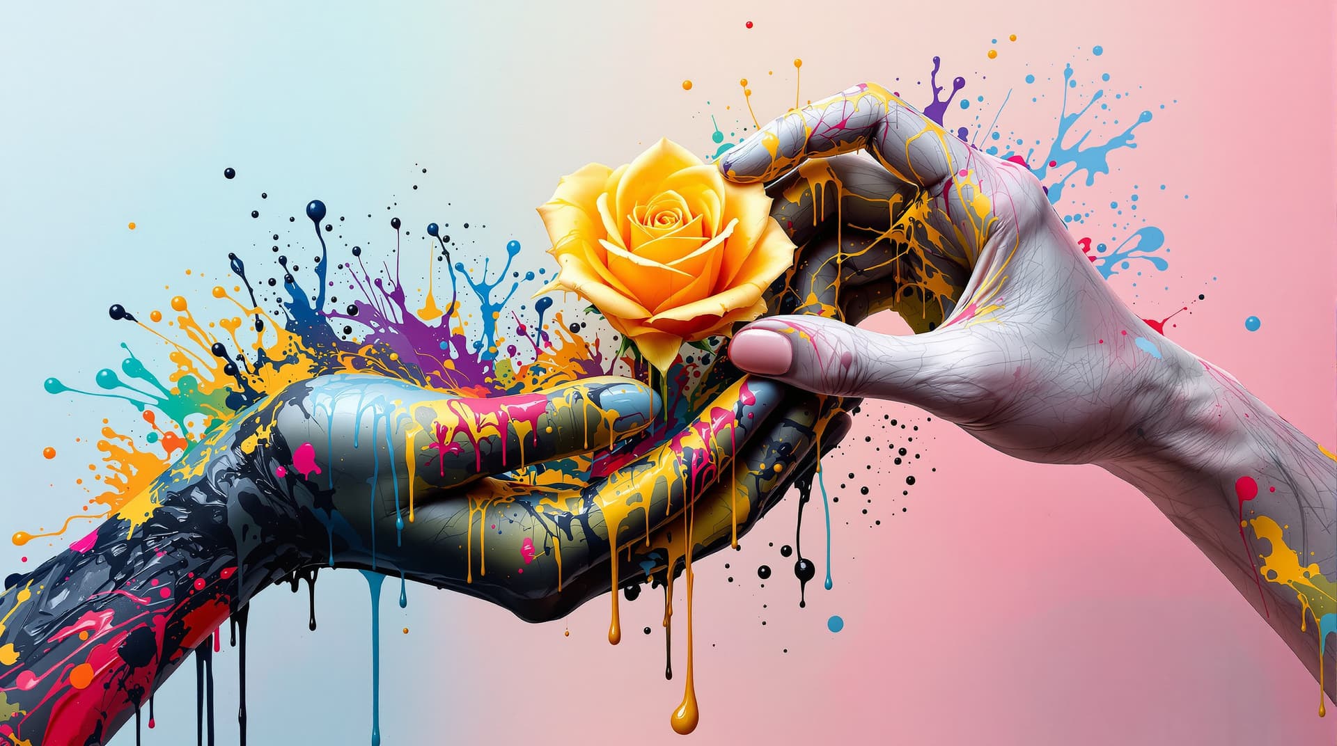 AI generated:  random pose,  two hands hyper realistic with asiatic tatoo skin, giving   a  yellow  rose ,the flow...