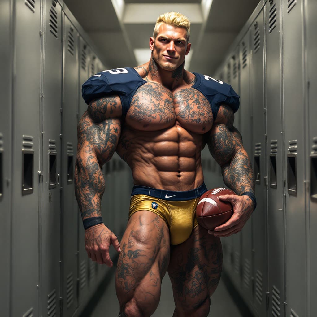 AI generated: Full image, Locker room, gray lockers, tall lean muscular man, lots of tattoos, neat blonde short ha...