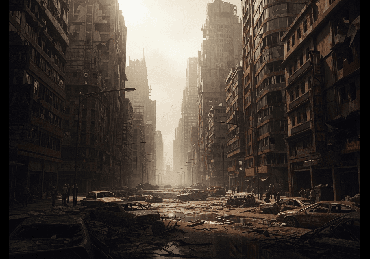 AI generated: /artprompt Sci-fi, (dystopian city imagery:1.7), unsettling, macabre, haunting, (cinematic shot:1.2)...