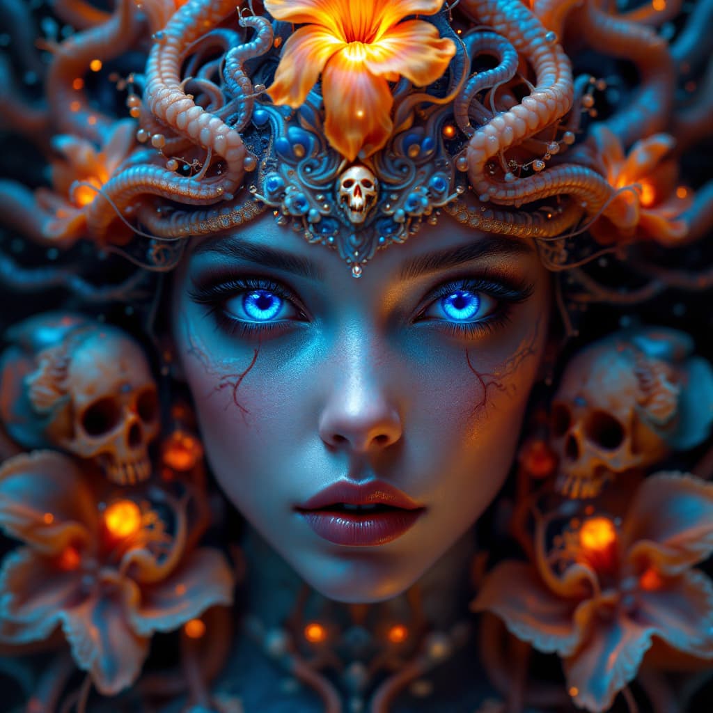 AI generated: Goddess close-up portrait ribcagel. jellyfish phoenix head, nautilus, orchid, skull, betta fish, bio...