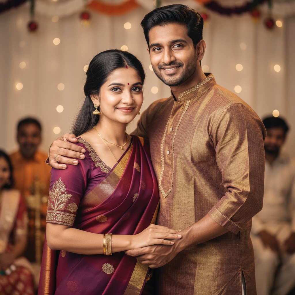 AI generated: Generate and Image of an 25 years age Indian couple, woman wearing saree exposing navel and belly bu...