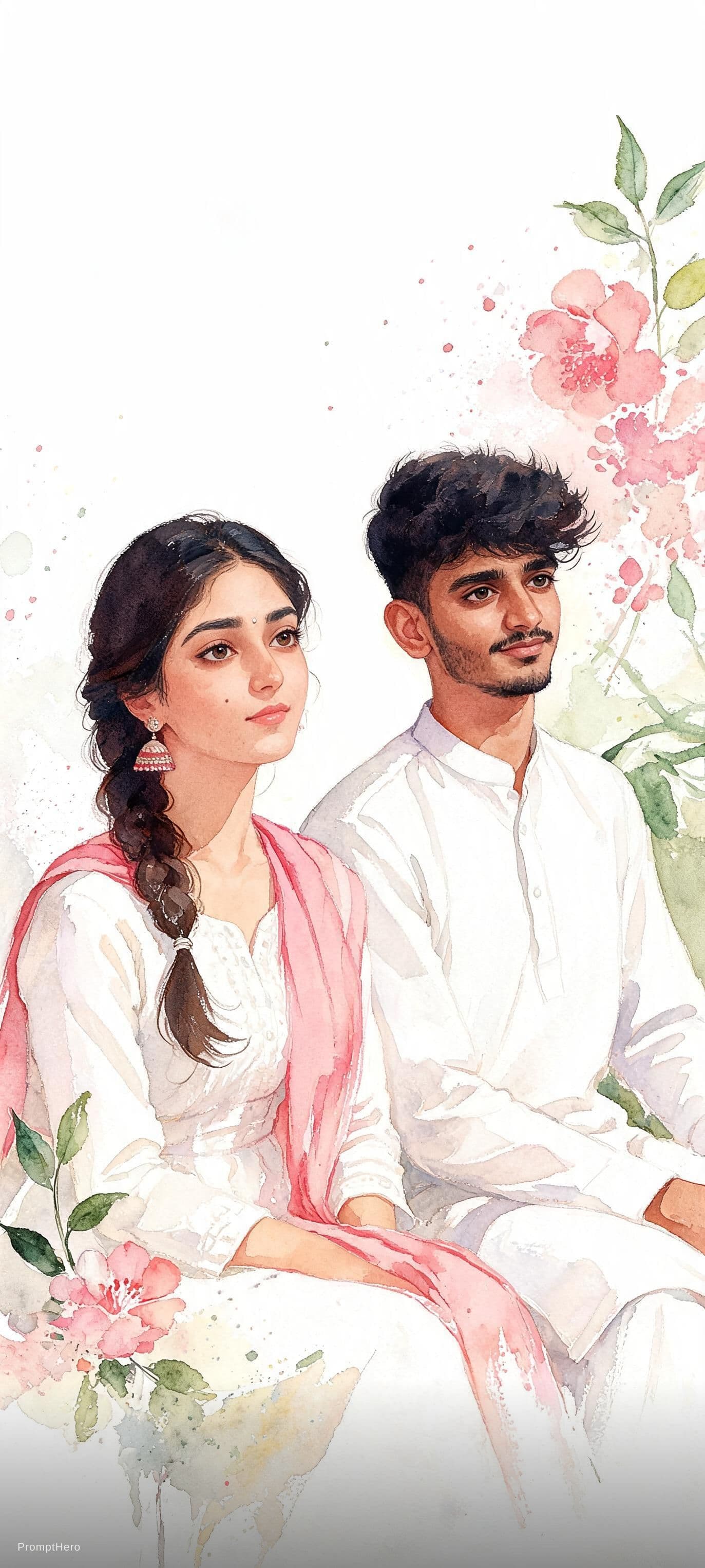 AI generated: Watercolor-style portrait of a young Indian couple sitting gracefully in a white outfit with a pink ...