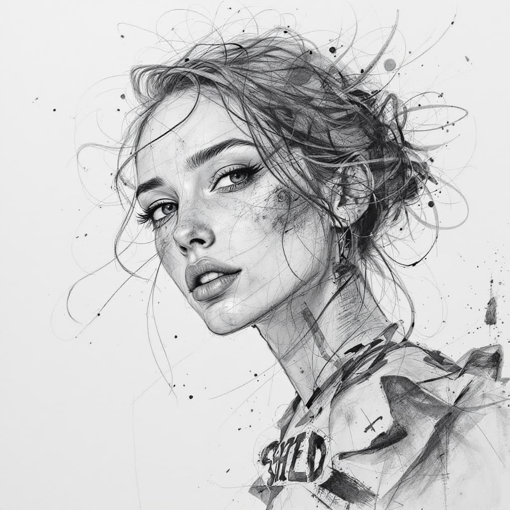 AI generated: woman, pencil drawing, smudges, chaos