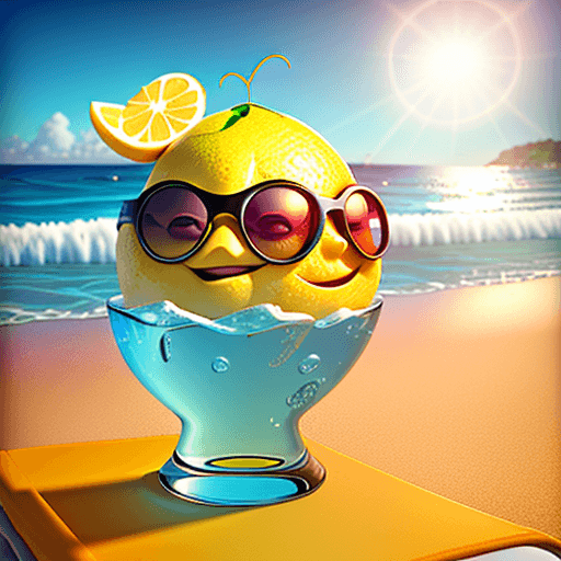 AI generated: A Pixar-style 3D lemon character relaxes on a sunny beach wearing sunglasses, against a backdrop of ...
