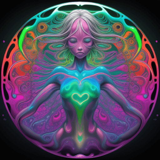 AI generated: 1 heart, a psychedelic bioluminescent, vibrant color palette dominated by orange, pink, green and bl...