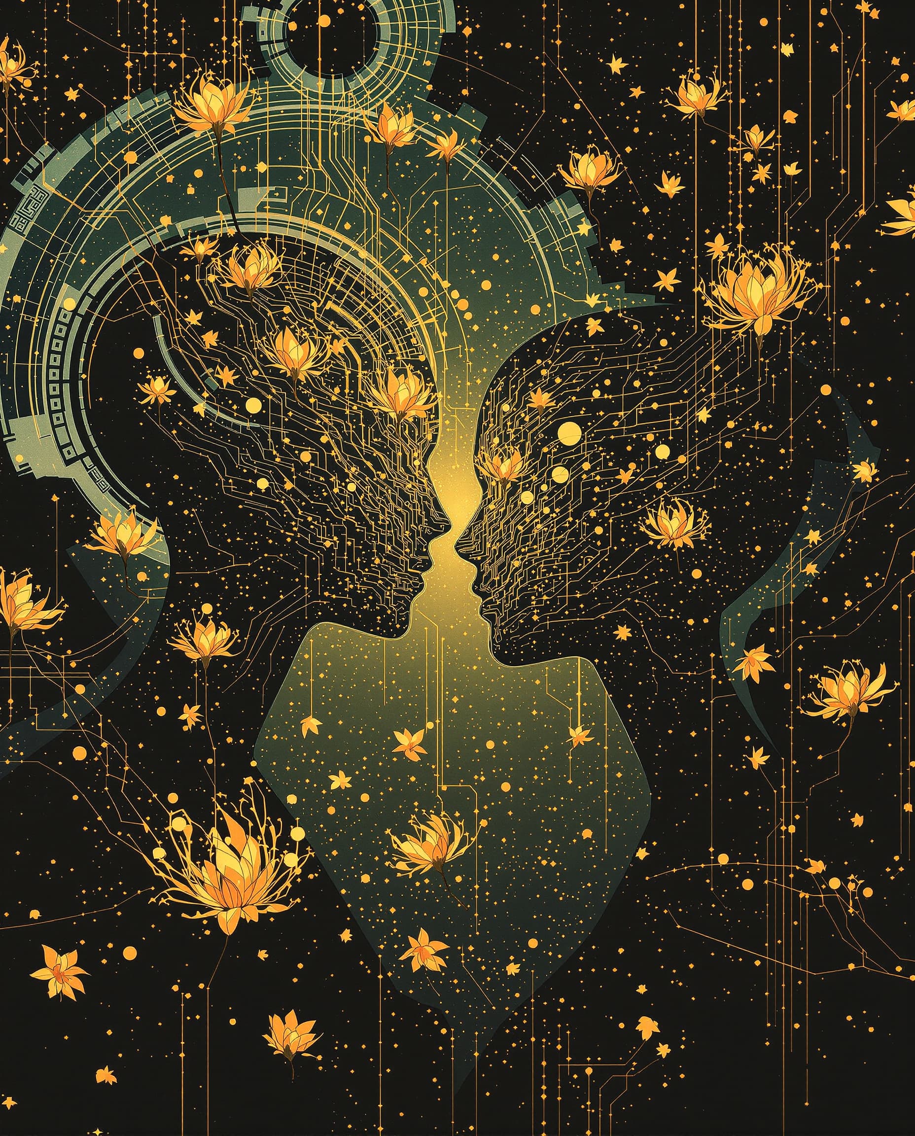 AI generated:  classic art noir vintage print with high-tech futuristic elements. Image is a digital artwork featu...