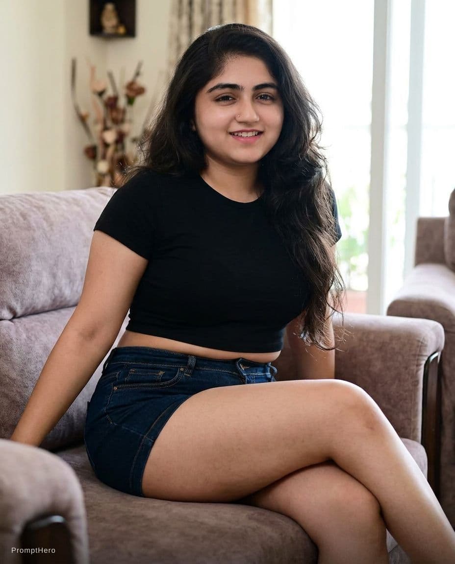 AI generated: Indian chubby girl,thick thighs,wide waist , sitting on sofa, wearing croptop and tight short pant ,...