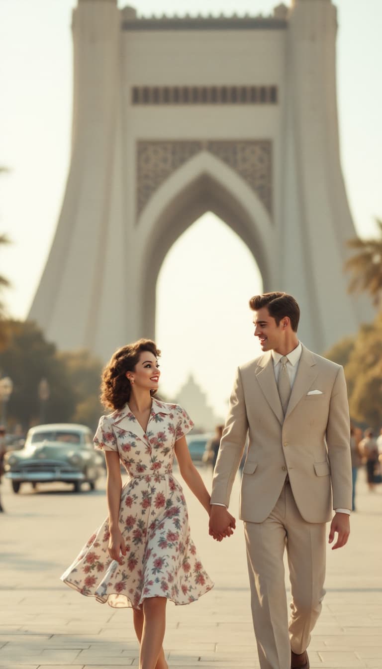 AI generated: The young couple from the 1950s walks hand in hand through Azadi Square (formerly Shahyad Square), t...