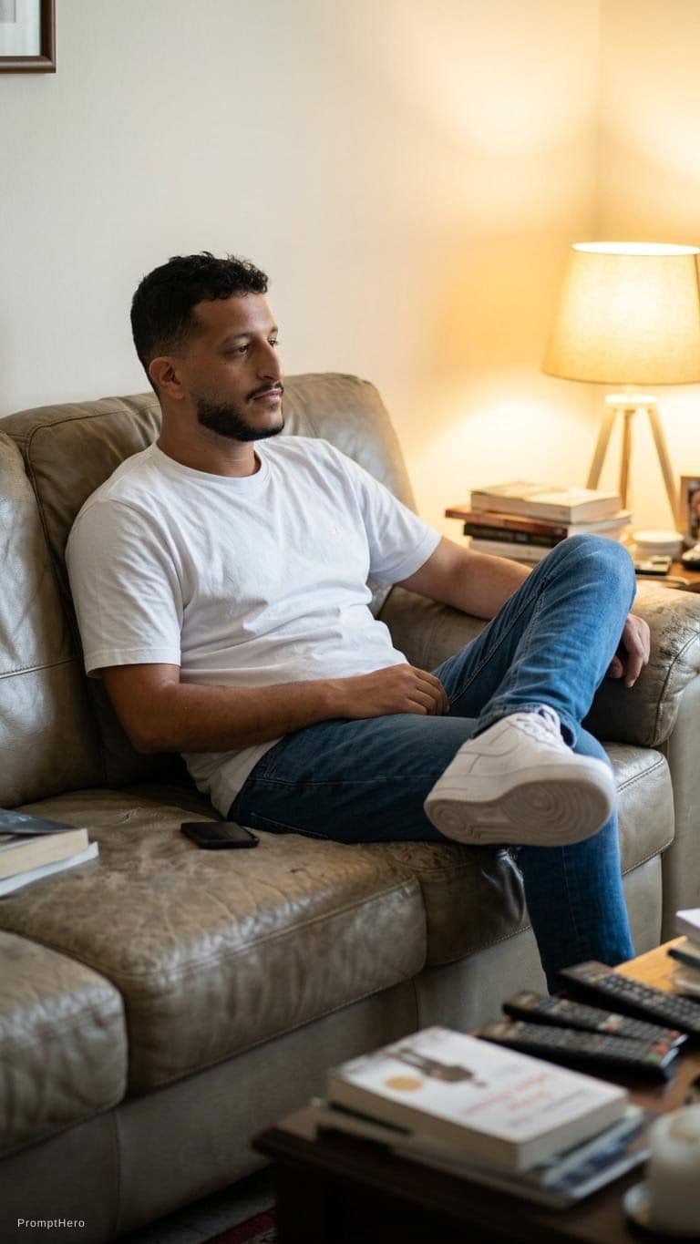 AI generated: Wearing a white shirt and a blue jeans with Nike air force white sitting on a couch and let the phot...