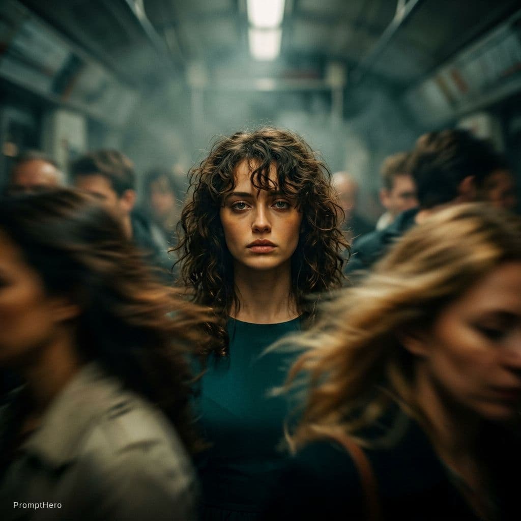 AI generated: Cinematic editorial portrait of a young women in her early twenties standing motionless at the
cente...