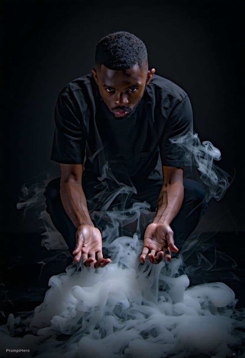 AI generated: a pitch dark men infront the camera (the Whole body steams) his hands are aligned downwards 

and he...