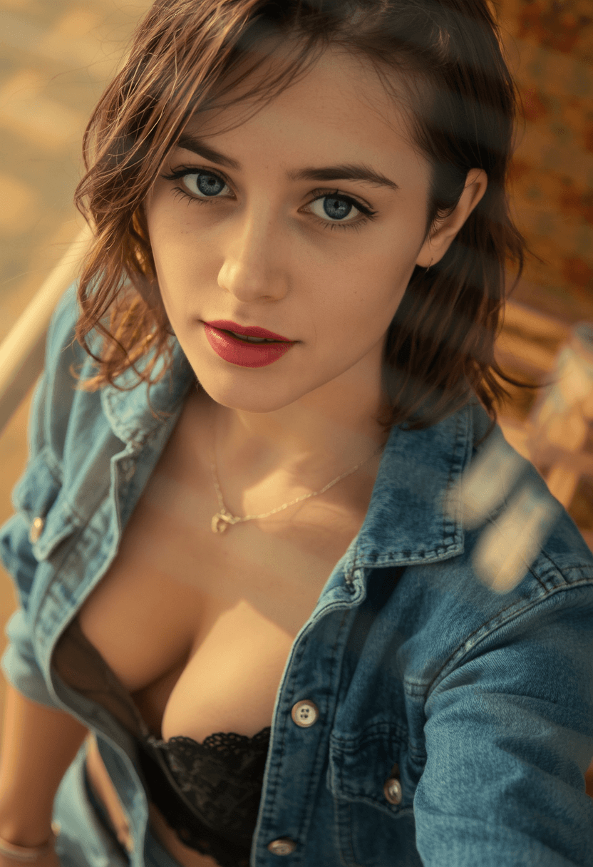 AI generated: A close-up portrait of a woman with warm-toned, shoulder-length wavy hair and striking blue-green ey...
