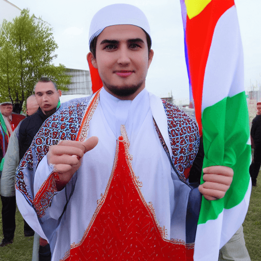 AI generated: A young man dressed in a Muslim national costume with the colours of the national Tatar colours: gre...