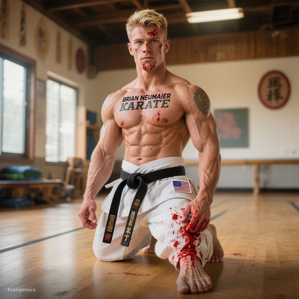 AI generated: full-body victory scene in a traditional American  dojo with wooden floors. A confident  American ka...