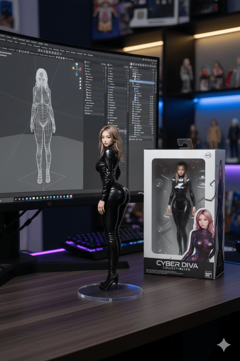 AI generated: Transforming the photographed person into a realistic 3D figurine in front of a computer desk. The c...