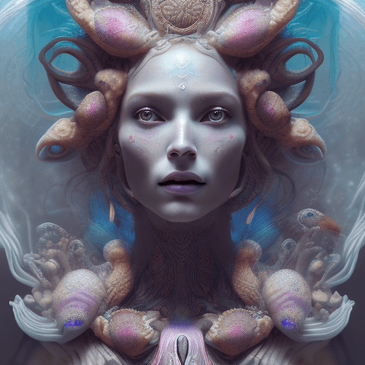 AI generated: Goddess close-up portrait ribcagel. jellyfish phoenix head, nautilus, orchid, skull, betta fish, bio...
