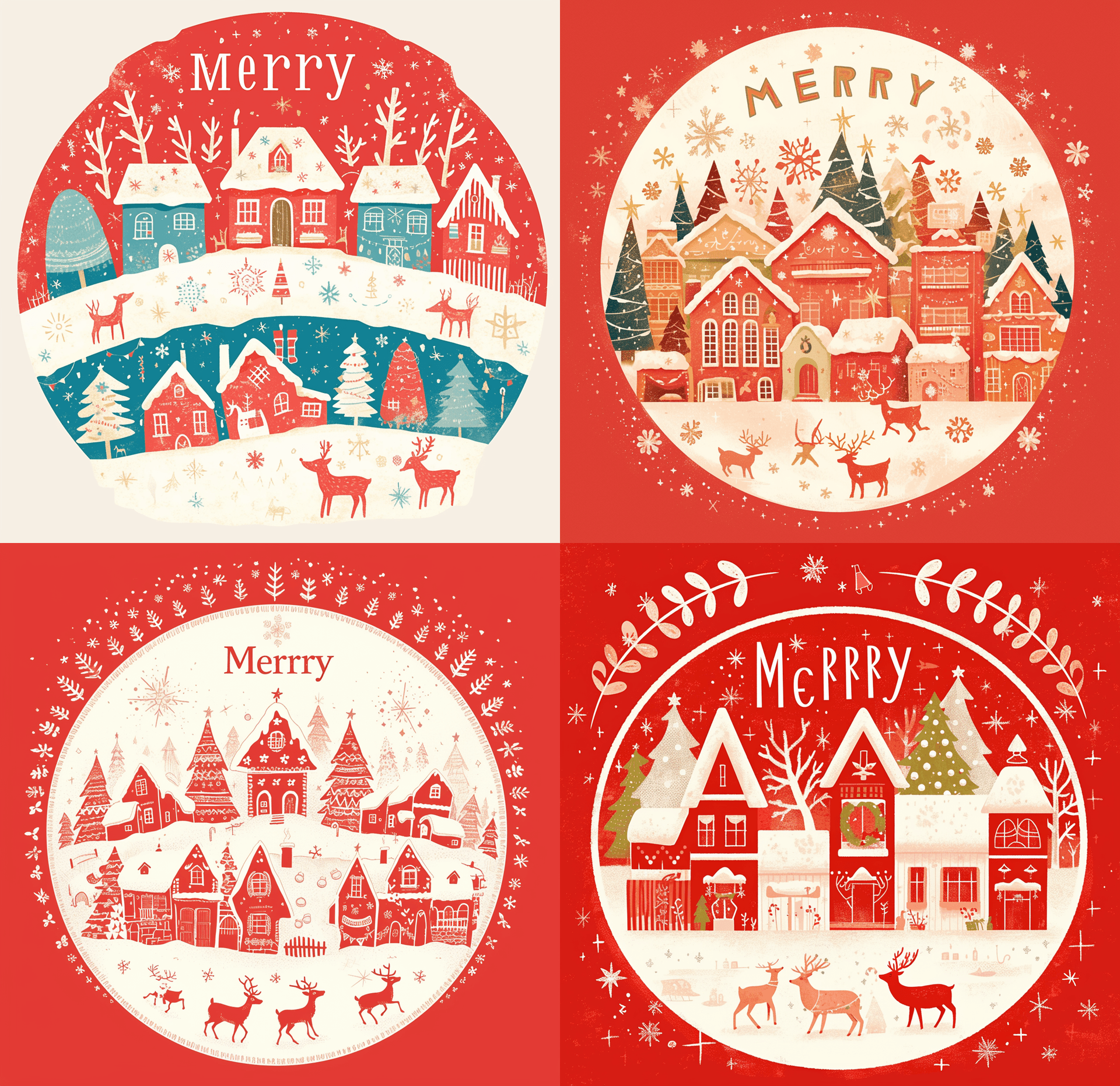 AI generated: A large oval illustration with white snowflakes and Christmas houses printed on it, the word "Merry"...
