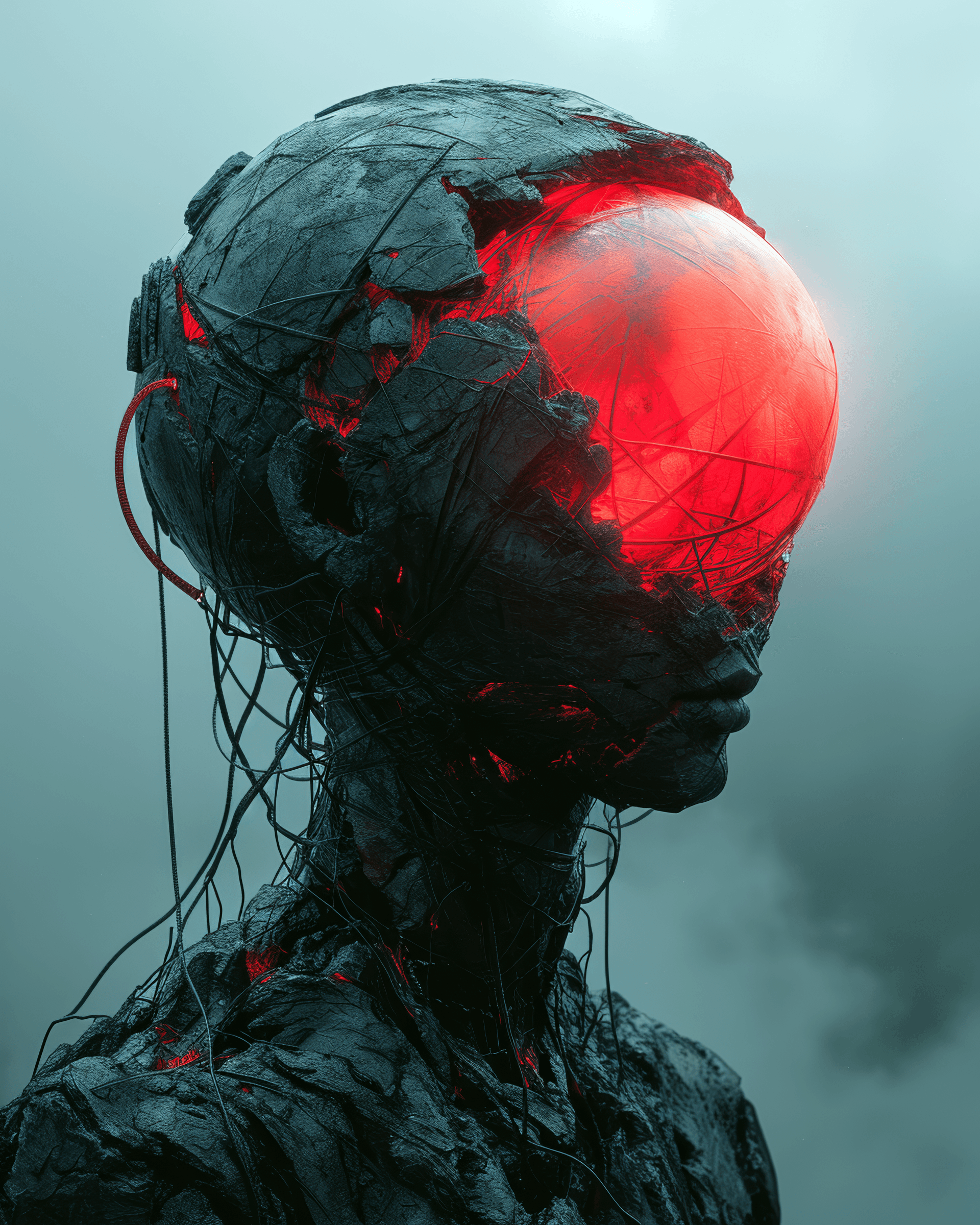 AI generated: the cover art of rood magazine has a sphere, a worm, and a glowing red light, in the style of concep...
