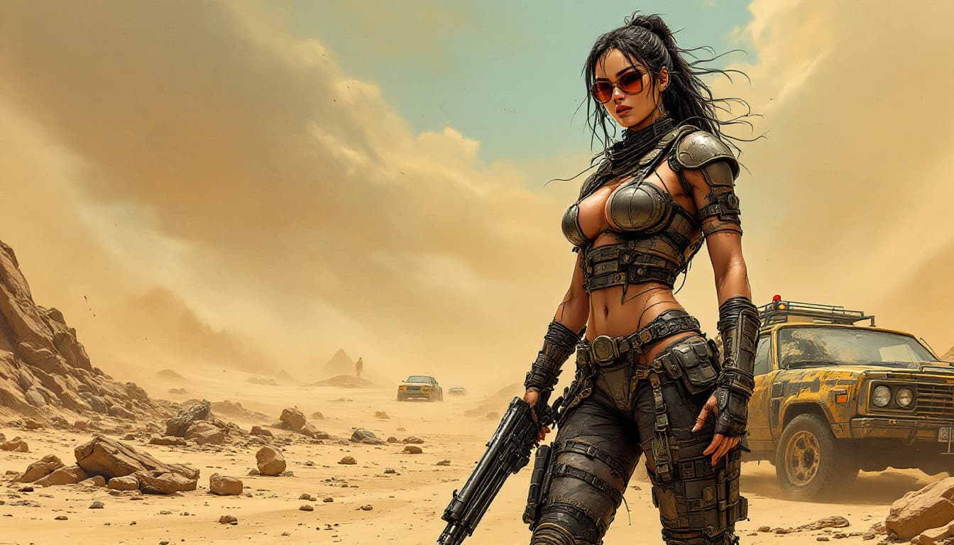 AI generated: (subject, a asian female extreme bodybuilder apocalyptic warrior, description, wearing self-made Mad...