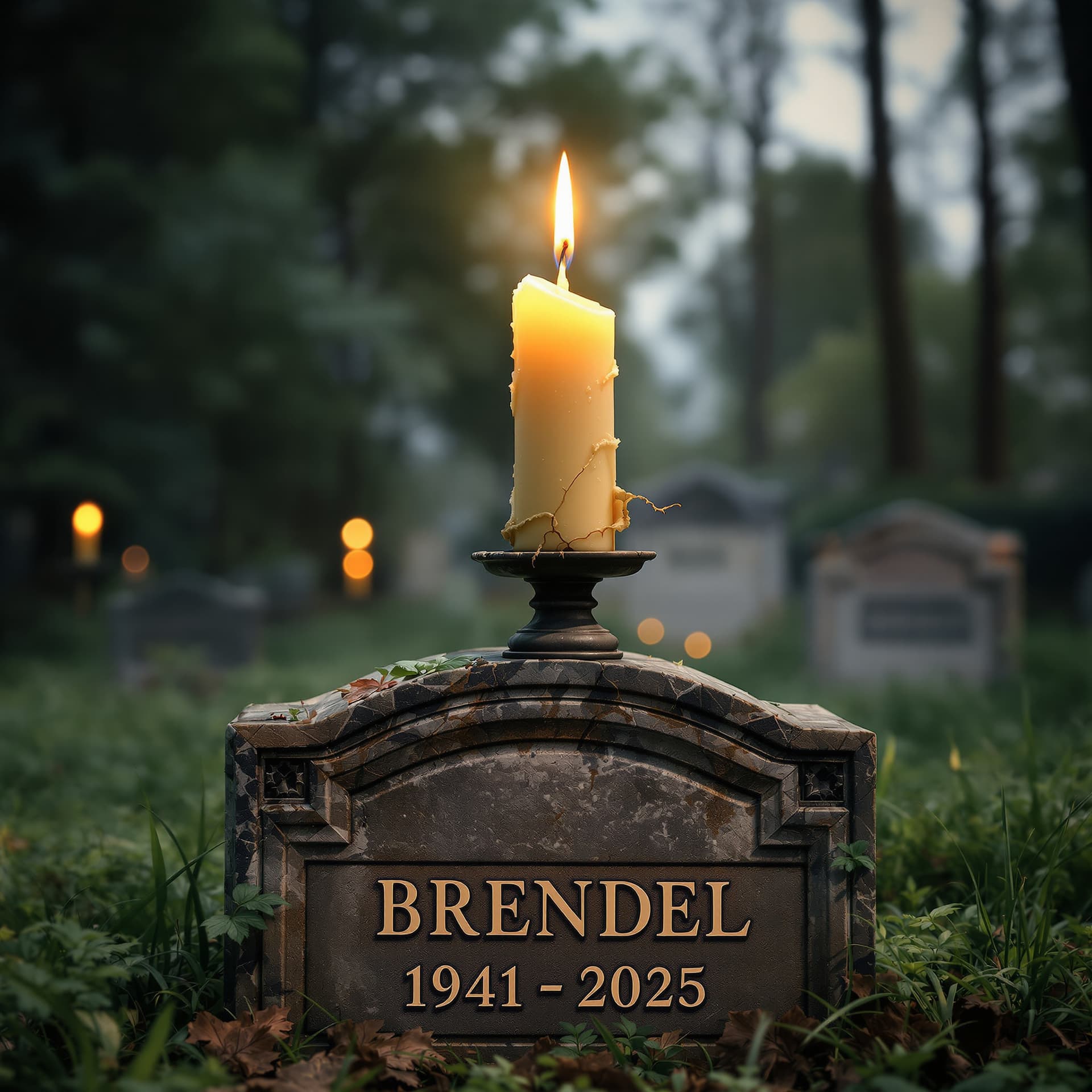 AI generated: a spiritual picture of a cemetery candle. very realistic. on the tombstone stands "BRENDEL 1941 - 20...