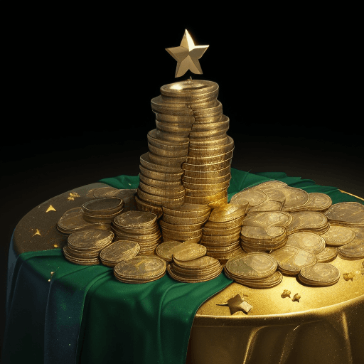 AI generated: Photo: a mountain of gold coins on a table with green cloth and 5 golden five-pointed stars of quali...