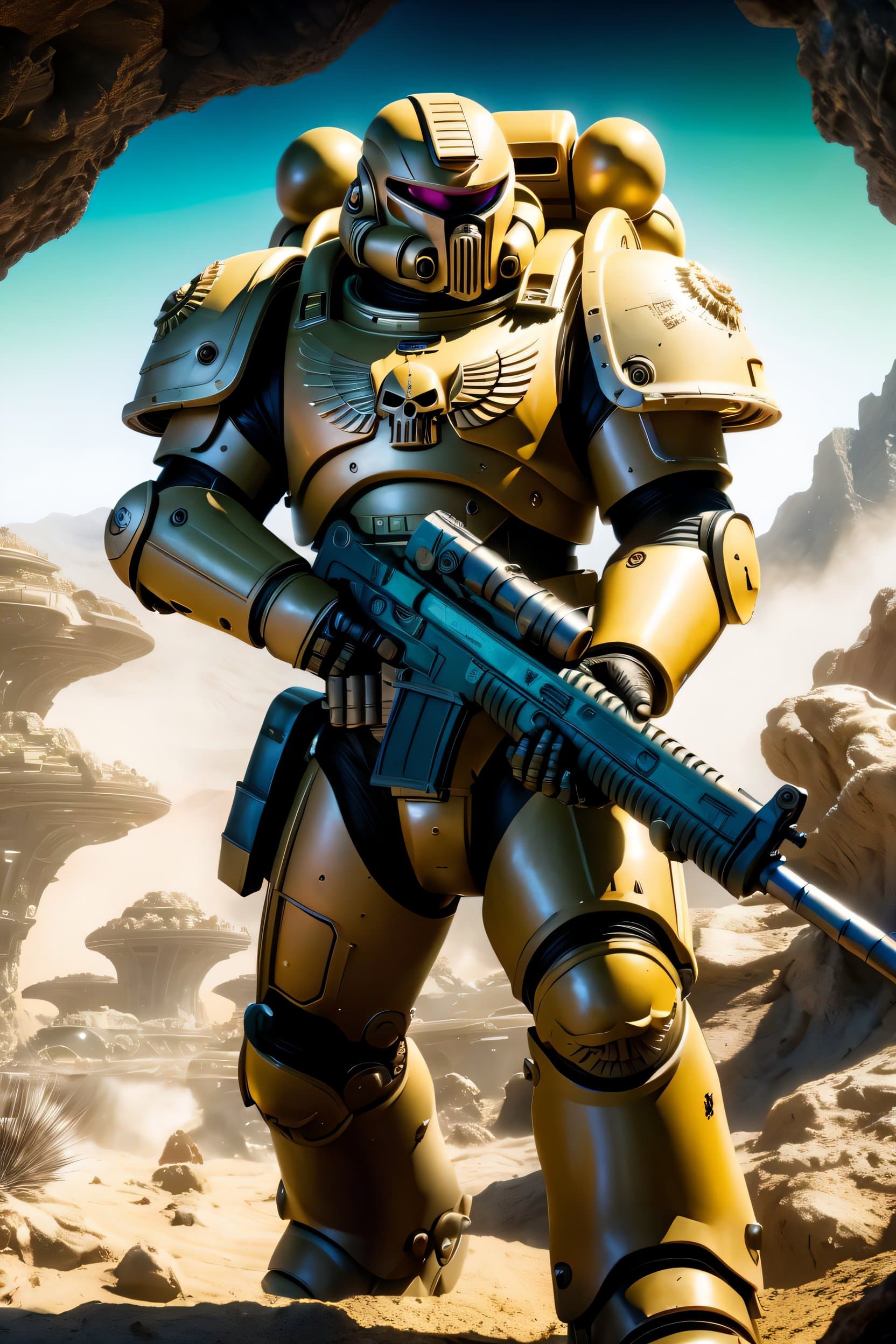 AI generated: (extremely detailed 8k wallpaper), a medium shot photo of a detailed space marine in an alien landsc...