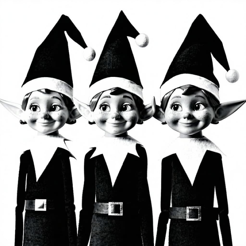 AI generated: Create an image of three different Christmas elves all the same size in a row, black and white with ...