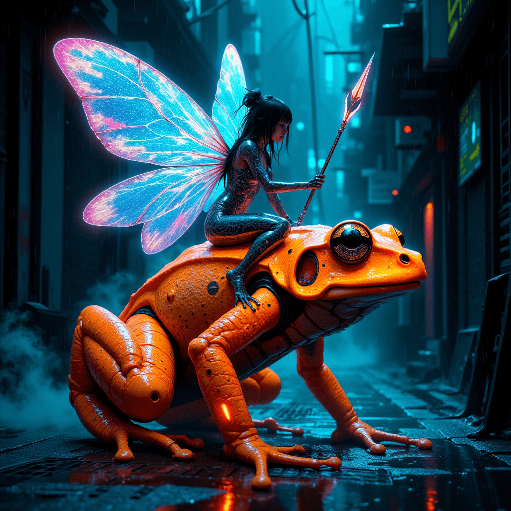 AI generated: A luminous cyber-fairy with iridescent wings, her body laced with nano-filaments and chrome tattoos,...