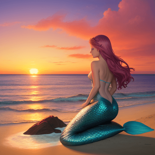 AI generated: Mermaid, beach, reef, sunset.