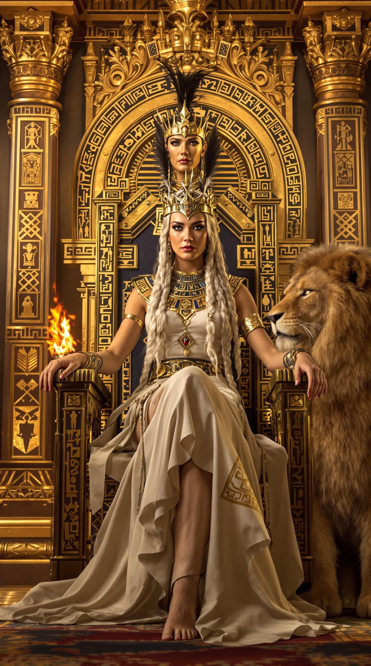AI generated: Nordic warrior queen on Egyptian golden throne, ((perfect facial features)), long silver-white braid...