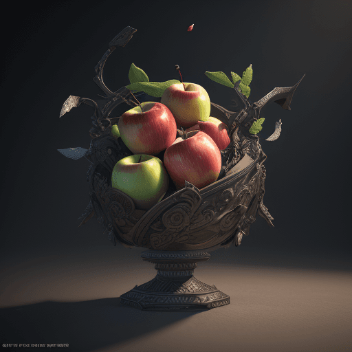 AI generated: 3D render conceptual stilllife with texto disrupt with chromatic apples flying around the camera, sh...