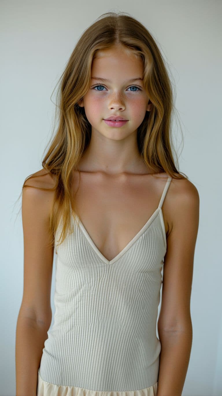 AI generated: Tween Fitspiration-Modell), schlank, dünn, schlank, mager, slender, verführerisch, posiert für ein F...