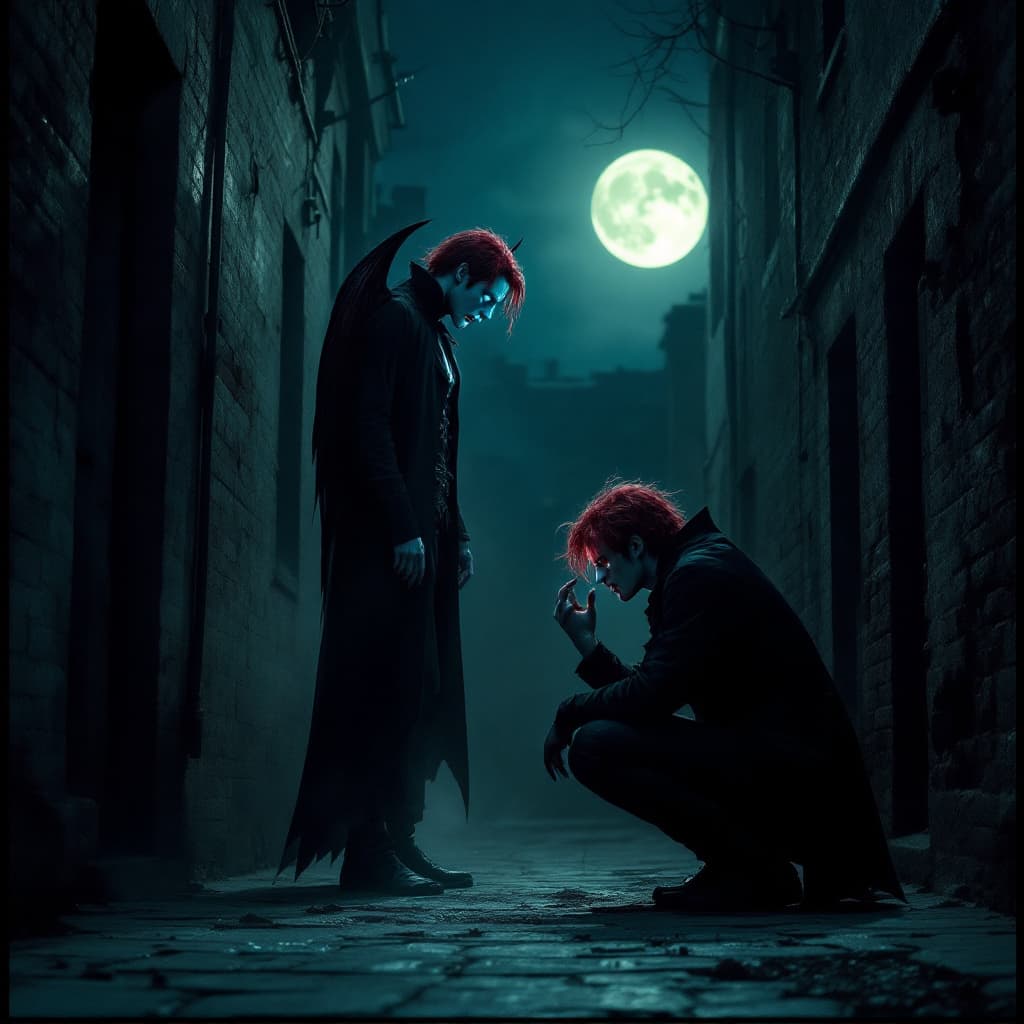AI generated: The scene takes place in a dark alley, illuminated only by the pale light of the moon. The vampire s...