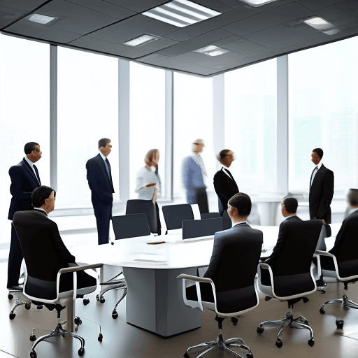 AI generated: Create an image of a conference room filled with business professionals. They are gathered around a ...