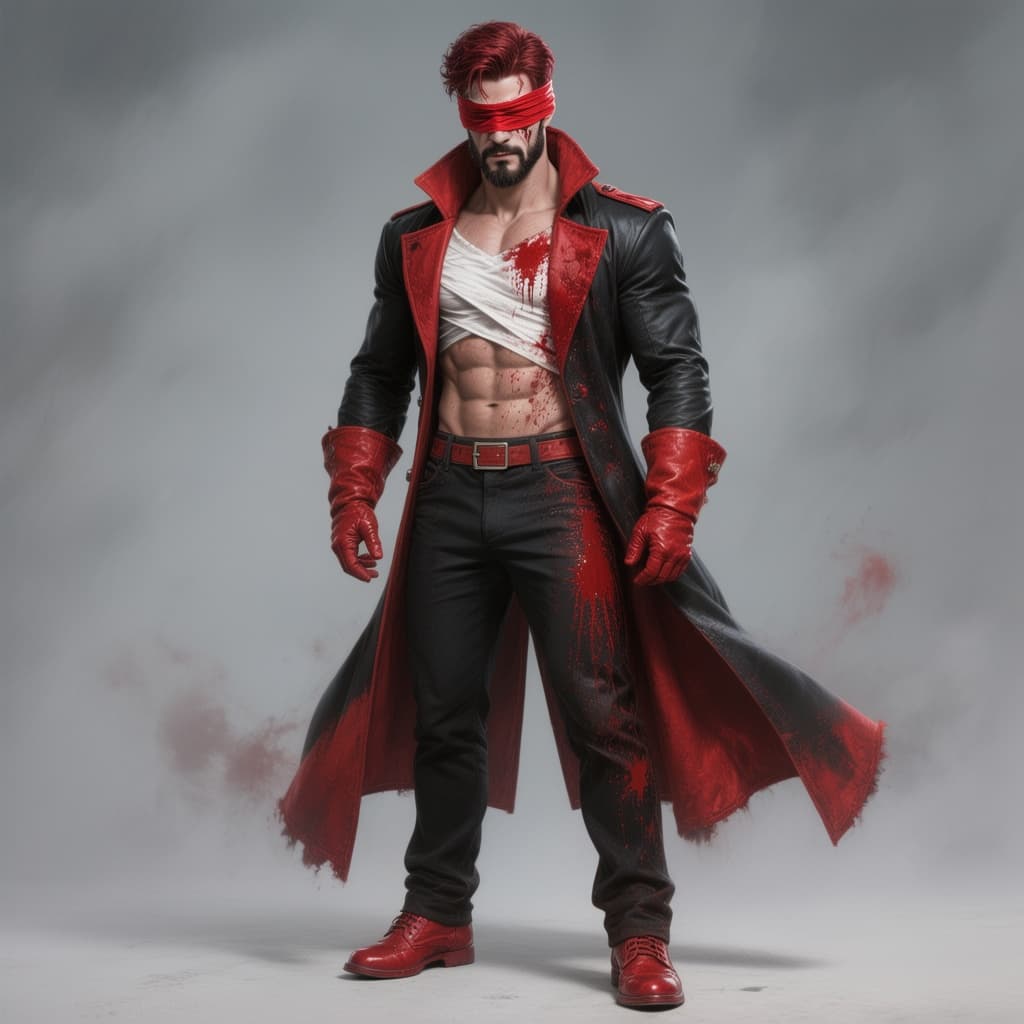 AI generated: an attractive muscle man with the power to control blood wearing a black and red coat with a red sta...