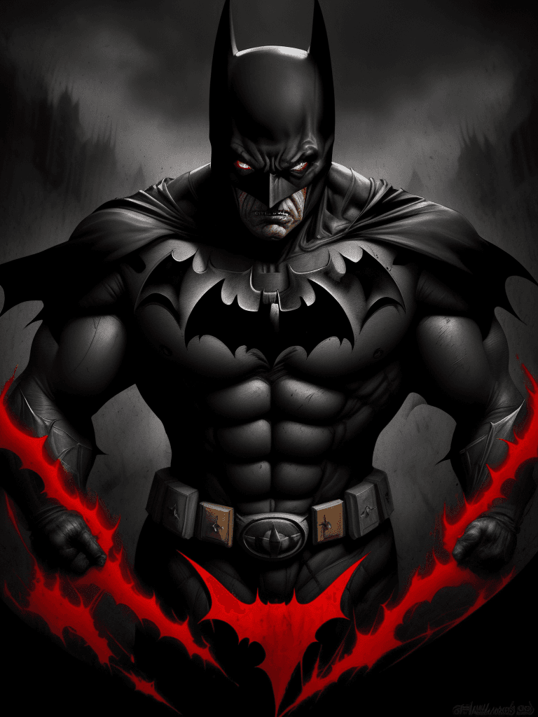 AI generated: unstoppable demonic batman in full battle gear, hellish, extremely brutal composition, digital paint...