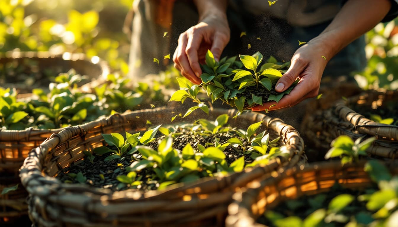 AI generated: Freshly plucked tea leaves wilting under the morning sun in woven bamboo trays, artisan hands gently...