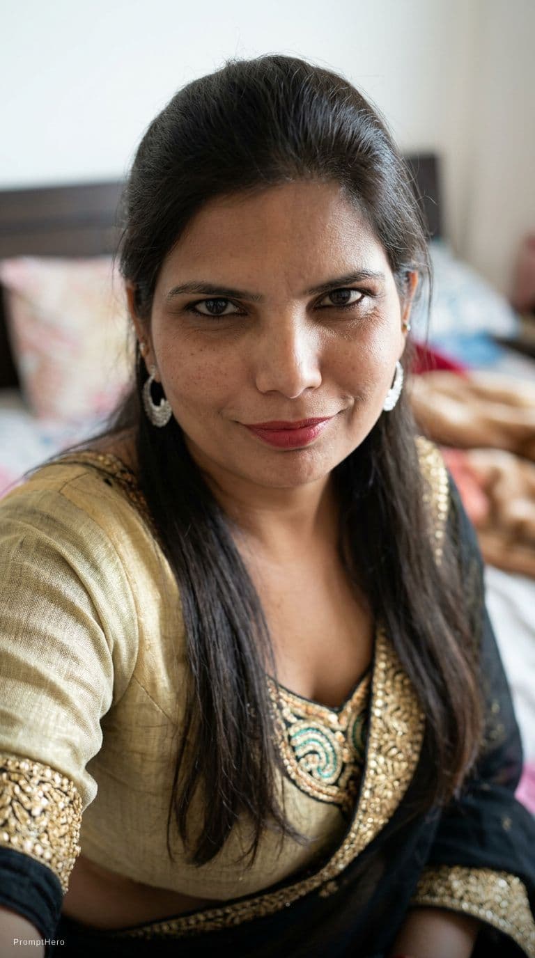 AI generated: Sitting on a bed teasing, same uploaded hairstyle, wearing same décolleté saree dress but cropped, l...