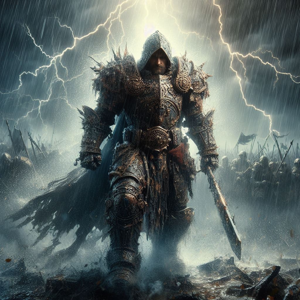 AI generated: Amidst the chaos of a rain-soaked battlefield, Alaric, a battle-hardened dwarven knight, stands reso...