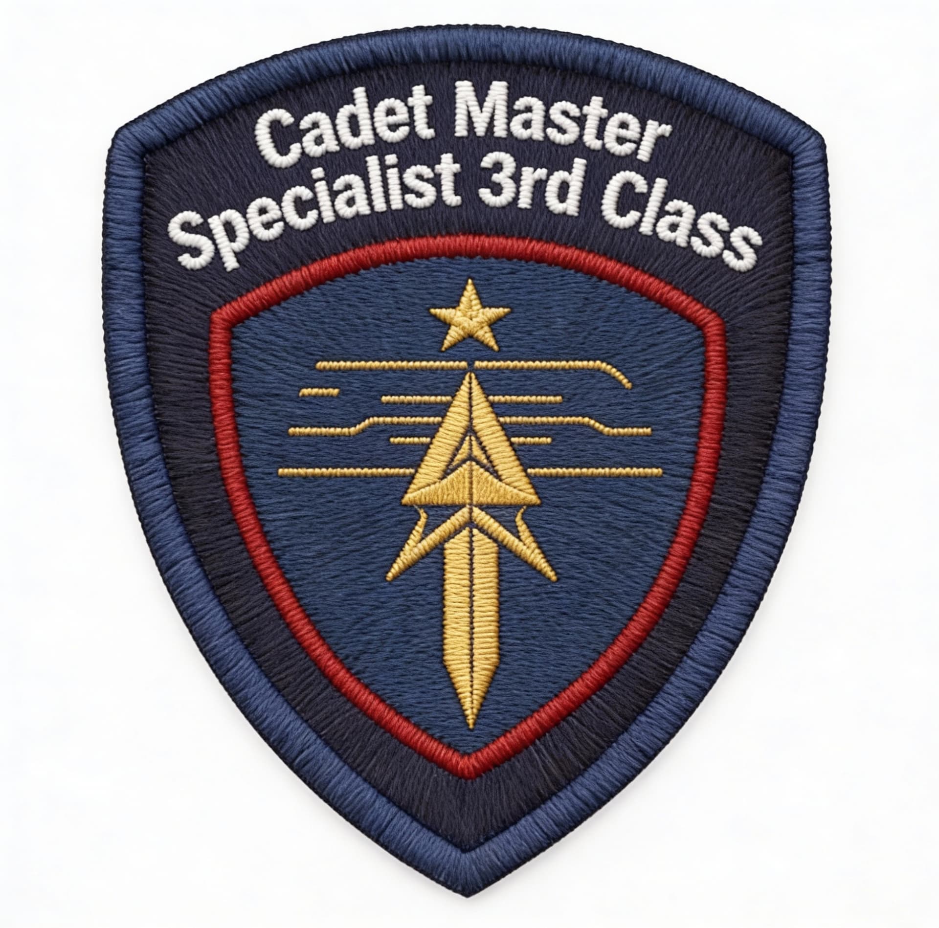 AI generated: Create Sci-Fi uniform patches. Use the reference image 1, and change Cadet Third-Class to Cadet Mast...