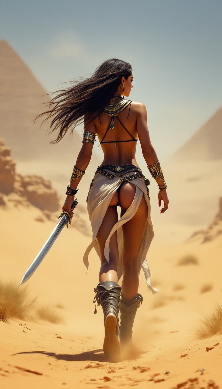 AI generated: Hyper realistic a woman view from behind in a bra top and boots wide hips big breastet walking on a ...